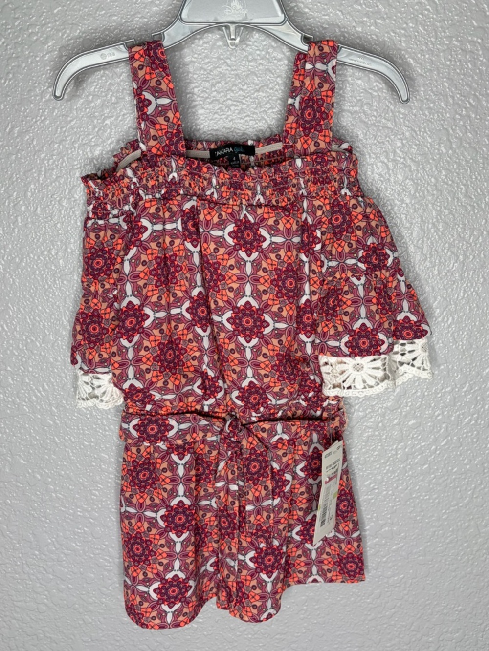 Tamara Girls Girls Red Mosaic Print Romper with Lace Trim size 4